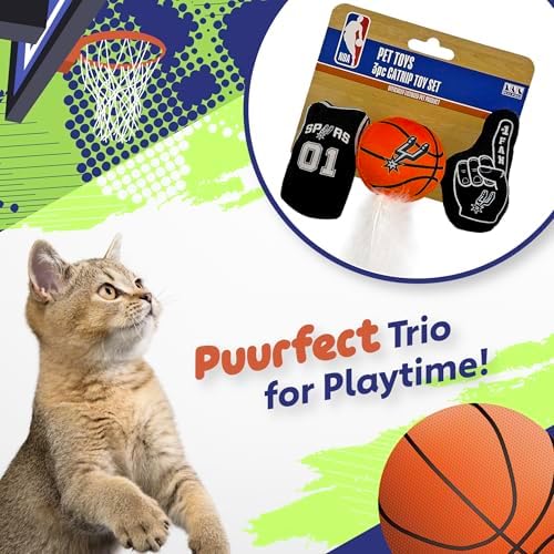 BEST PLUSH NBA SAN ANTONIO SPURS Cat Toys - 3 Piece Set: Jersey, Basketball with Feathers & #1 Fan. Filled with Fresh Catnip. Beautiful Team Logo