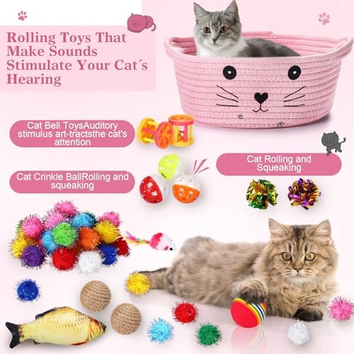 Zopeal 58 Pcs Summer Cat Storage Basket Gift Toys Set, Colorful Flashing Balls Pet Bell Crinkle Balls Spring Toys Attract Cat to Swat, Hunt, Interactive for Pet(Pink,9.8 Inch)