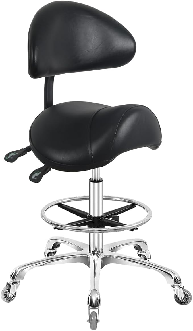 Saddle Stool Chair with Back Support Footrest, Heavy-Duty(350LBS), Hydraulic Rolling Swivel Adjustable Stool Chair for Salon Spa Beauty Massage Dental Clinic Home Office Use(Black)