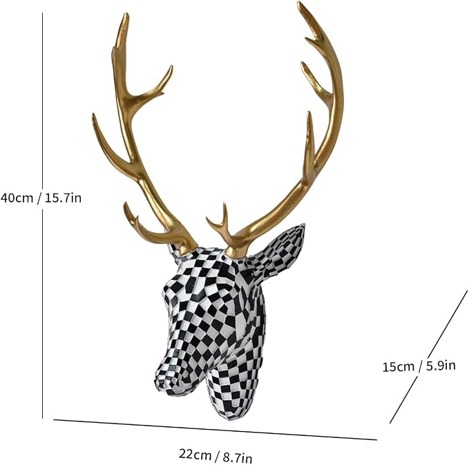 GIGICICI Mosaic Deer Head Wall Decor 15.7x8.7 Inch, Artistic Faux Resin Animal Head Wall Sculpture Hanging for Living Room Bedroom Kitchen Office, Black-White Gift