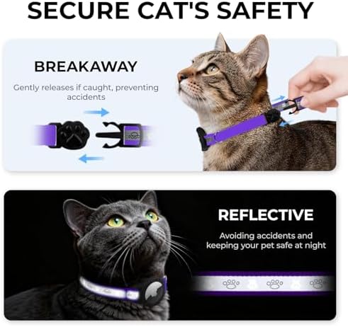 Breakaway AirTag Cat Collar, Reflective Cat Tracker Collar with Bell | Built in AirTag Holder, Adjustable 8.5-12in for Cats, Kittens and Puppies, Safety Elastic Band, Reflective for Night Walking