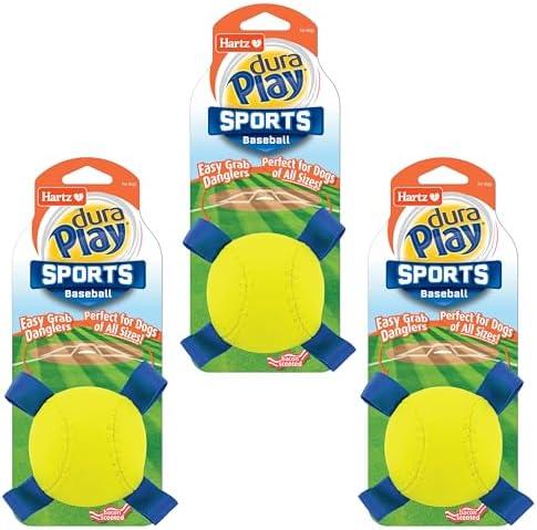 Hartz Dura Play Sports Baseball Dog Toy, Bacon Scented Squeaky Latex Yellow & Blue Toy, 3 Count