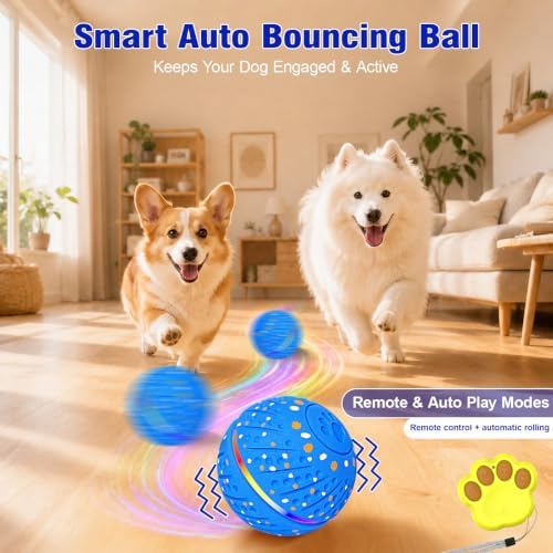 Remote-Controlled Interactive Dog Toy Ball, 3 Play Modes with Barking Sounds & LEDs, Automatic Rolling E-TPU Soft Toy with Tug Rope for Small, Medium, and Large Dogs Boredom