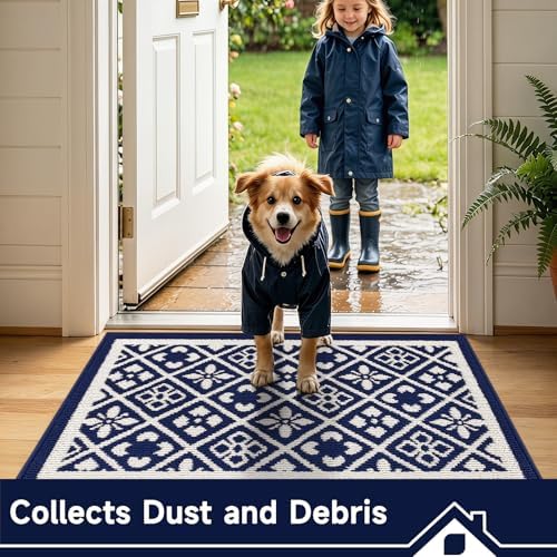 Ileading Indoor Door Mat 2x3ft, Absorbent Muddy Mats for Dogs, Low-Profile Entrance Welcome Mat with Non-Slip Rubber Backing, Washable Runner Carpet for Hallway,Entryway,Kitchen(Navy)