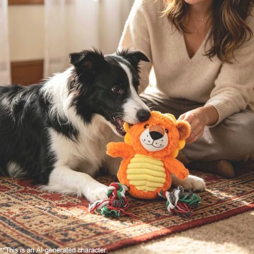 Lion Plush Dog Toy with Rope and Squeaker for Small Medium Dogs