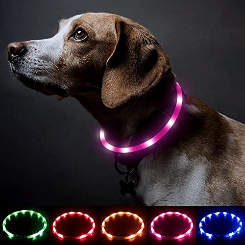 BSEEN Light Up Dog Collar, Silicone LED Pet Collar Rechargeable Glowing Puppy Necklace Safety Dog Lights for Night Walking (Pink)