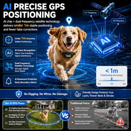 GPS Wireless Dog Fence System, Invisible Dogs Fence 49-6561 FT Range, IPX7 Waterproof Rechargeable Electric Dog Pet Containment Collar, Portable Adjustable Range for Renters Yard Outdoor