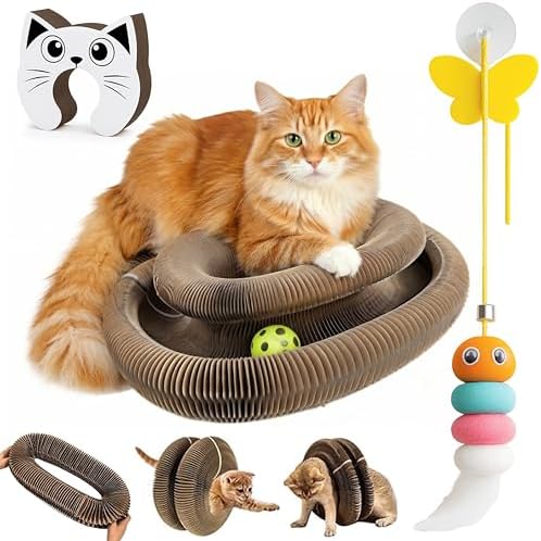 Kitty Curls Cat Toy (Large) Twisty Paws Kurlz | Magnetic Magic Organ Cat Scratcher | Interactive Cardboard with Bell Ball & Hanging Teaser | Honeycomb Design | 1 pcs Teaser 1 pcs Scratcher