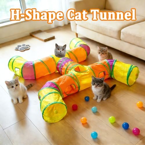 4-Way Large Cat Tunnel, H Shape Cat Tube Toy with Interactive Playing Balls, Peek Hole for Indoor Cats, Kitten, Kitty, Puppy, Rabbit (Multicolor)