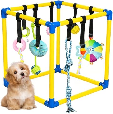 Puppy Play Gym with 9 Hanging Toys for Small Dogs, PVC Frame with Bungee Straps, Interactive Indoor Jungle Playground for Entertainment, Teething and Mental Stimulation（Yellow）