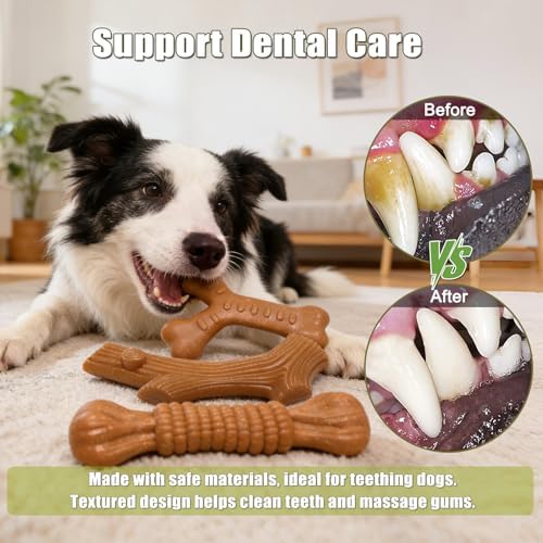 SCHITEC Dog Chew Toys for Aggressive Chewers, [2 Pack] Tough Bone and Stick Set with Chicken Flavor, Long Lasting Durable Teething Toy for Medium Large Dogs