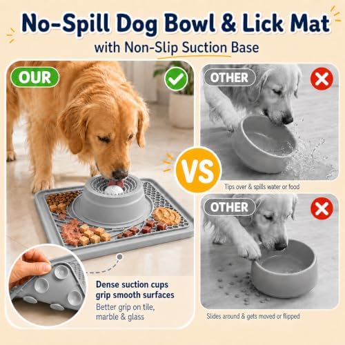 Slow Feeder Dog Bowls & Lick Mat Combo for Liquid and Thick Treat, Silicone