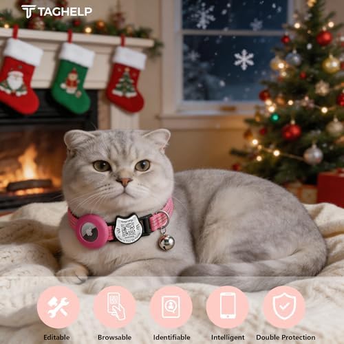Cat Collar with AirTag Holder, QR Code Tag and Bell (Rose red, Dot Matrix)