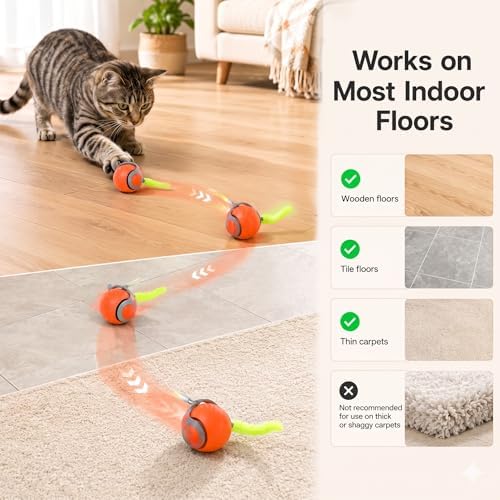 2Pcs Interactive Rolling Cat Ball Toy Pack, Automatic Moving Cat Toy Set with Detachable Plush Tails, Dual Speed & Dual Mode Rechargeable Kitten Toys（Blue+Orange）