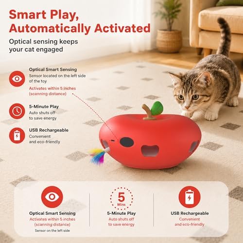 Cat Toys, Rechargeable Interactive Kitten Toys, Smart Sensor Automatic Feather Toy with 6 Random Holes, Quiet USB Powered Pop-Up Kitten Toy Simulates Hunting for Indoor Cats, Red