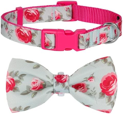 azuza Dog Collar with Bow Tie, Soft and Comfortable Adjustable Bowtie Dog Collar for Medium Dogs (M, Camellia Flower)