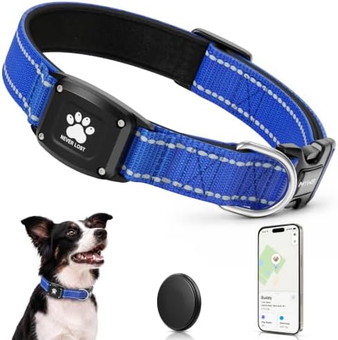 GPS Dog Collar with Tracker, Waterproof, No Monthly Fee, Blue, L | Works with Apple Find My, iOS Only, MFi Certified, No SIM Card, for Large Dogs, Reflective Padded Nylon, Neck 16.5-23.5 in