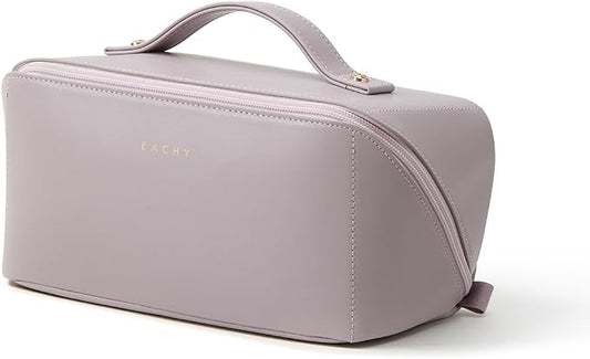 EACHY Travel Makeup Bag, Large Capacity Cosmetic Bag for Women, Waterproof PU Leather, Flat Open Portable Toiletry Bag for Skincare, Brushes & Travel Essentials
