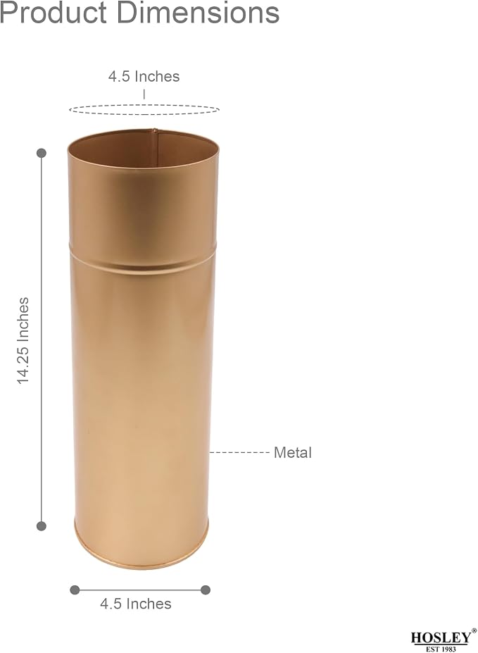 Hosley Gold Metal Tall Floor Vase with PVC Liner, 4-Inch Dia x 14-Inch H, Large Decorative Vase for Home Decor, Ideal for Floral Arrangements, Weddings, Parties, and Living Room Corner Decor