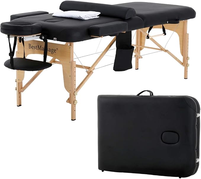 BestMassage Massage Bed Portable Massage Table 28 inch Wide Lash Bed Height Adjustable 2 Folding PU Leather with Towel Hanger Oil Pouch Half Bolster Round Bolster Non-Woven Bag