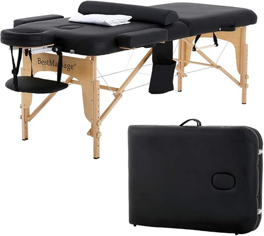 BestMassage Massage Bed Portable Massage Table 28 inch Wide Lash Bed Height Adjustable 2 Folding PU Leather with Towel Hanger Oil Pouch Half Bolster Round Bolster Non-Woven Bag