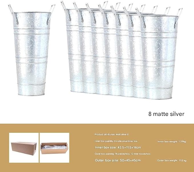 8 Pack Galvanized Metal Flower Buckets, 10 Inch French Country Style Decor Planter Rustic Vintage Tin Vase with Handle Farmhouse Style Floral Container Wedding Table