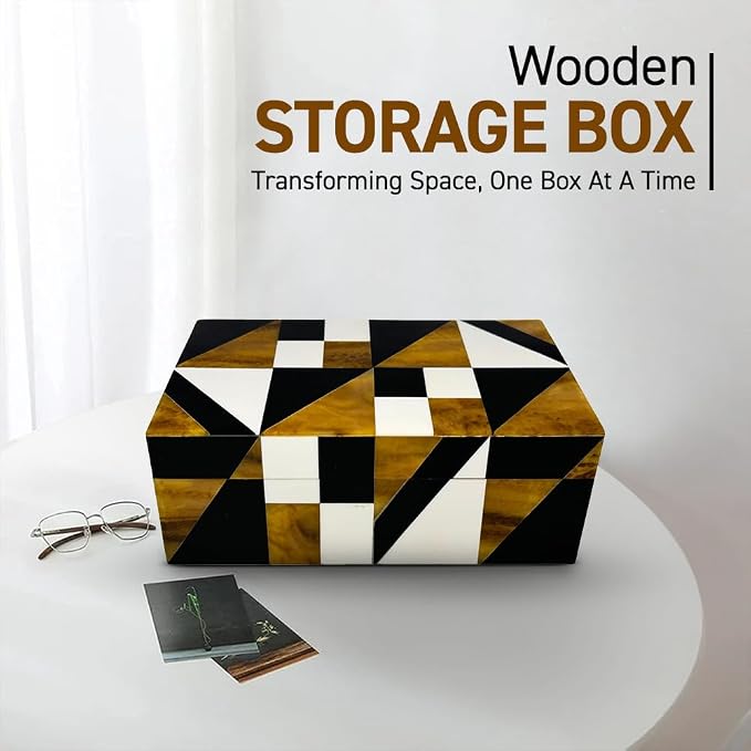 Perilla Home Home Decor Decorative Storage Wooden Box Small Geometric Organizer Tool Stash Card Craft Trinket Memory Keepsake Jewelry Box for Men and Women, Gifts For All, Brown, Black and Off White