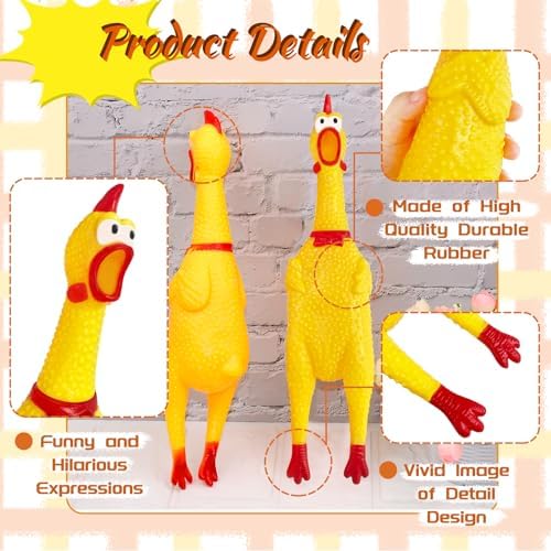 Xeehwb 2 Pcs Large Rubber Chicken,Screaming Chicken Dog Toys,Yellow Rubber Squawking Chickens,Squeaky Chickens Toys,Prank Noise Maker Dog Toys 12 Inch
