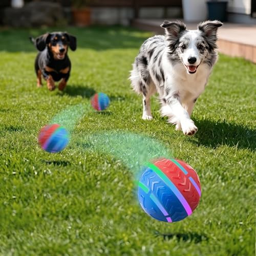 Pet Prime Interactive Dog Ball Toy Automatic Active Rolling Ball for Dogs Motion Activated with LED Light Rechargeable Self Moving Toy for Small Medium Large Dogs to Play Red/Blue