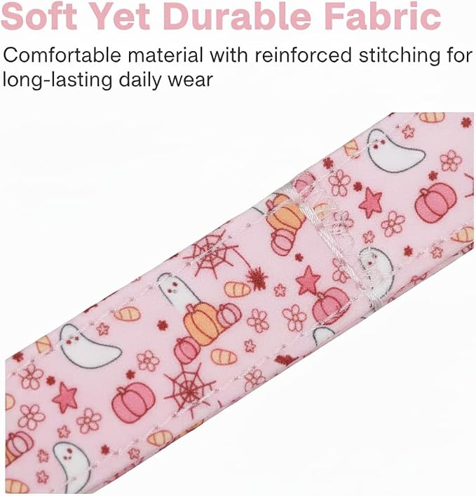 Cute Dog Collar, Pink Dog Collar with Pink Ghost Pattern and Soft Fabric, Girly Collar with Charm and Buckle, Adjustable for Girls Boys Dogs