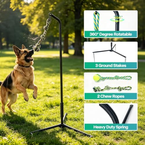 PAWISE Tether Tug Dog Toy for Yard with 2 Accessories (Tug Rope & Ball), Outdoor Spring Pole Adjustable Height 28.3"-40.6", Self Play Interactive Toy for Small Medium Large Dogs
