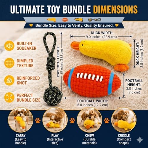 Dog Toys for Small Dogs, 5 Pack Interactive Dog Toy Bundle with Plush Duck, Squeaky Football Chew Toy, Rope Tug Toy and Waste Bags, Enrichment & Training Toys for Small BreedsRed