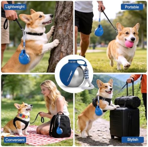 Portable Dog Water Bottle 10oz Stainless Steel Travel Dog Water Dispenser with Bowl No-Spill Puppy Water Bottle for Walking Hiking Small Dog Water Bottle (Sapphire Blue)