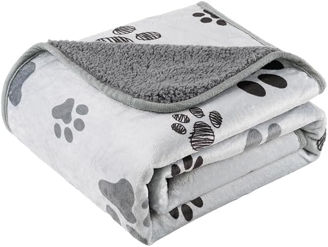 Waterproof Pet Blanket for Small Dogs and Cats 30"x40" | Washable Dog Blanket , Soft Fluffy Sofa Car Bed Protector, Reversible Sherpa Puppy Blanket (Light Grey-Paws)