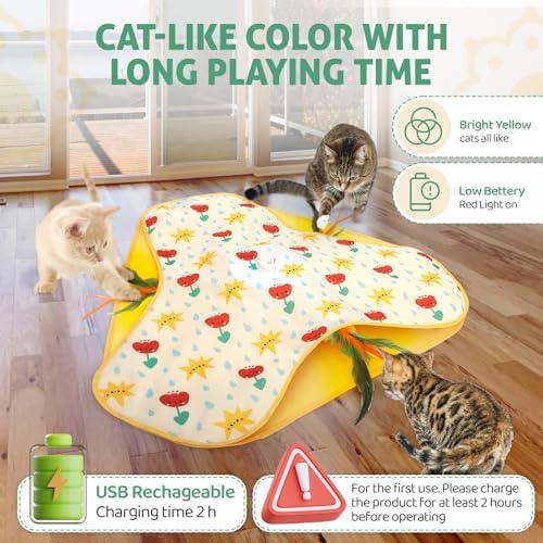 Interactive Cat Toys, Durable Stable Base Touch Activated Kitten Toy, Rechargeable Hide and Seek Cat Toys, Waving Concealed Feather Exercise Toy for Indoor Bored Cats/Kitten