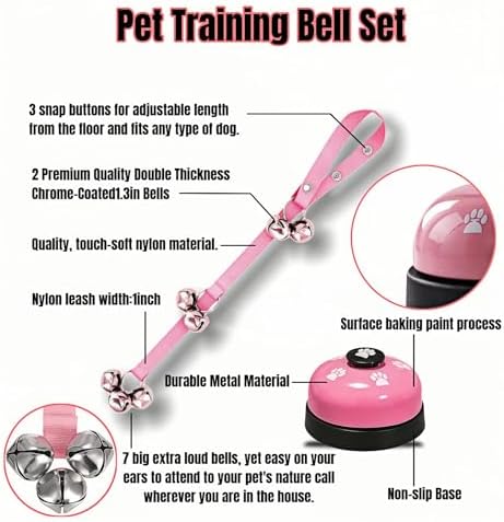 Dog Door Bell for Potty Training, 2-in-1 Set with Adjustable Hanging Bell(Includes 7 Stainless Steel Bells) and Metal Press Call Bell,Pink