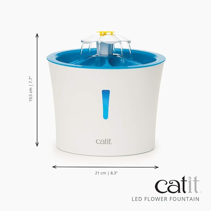 Catit LED Flower Fountain with Triple Action Filter, 3 L, Blue | Cat Drinking Water Fountain