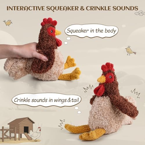ALL FOR PAWS Chicken Squeaky Dog Toy, Plush Stuffed Animal Toy for Small Medium Large Dogs, Puppy Chew Toy with Squeaker & Crinkle, Interactive Rooster Pet Toy for Boredom Relief & Training