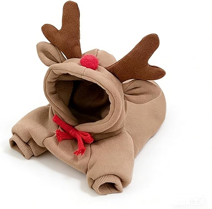 Fleece Lined Reindeer Design Dog Hoodie Costume, S | Pet Clothing & Christmas Party Costume For 2-25 Lbs Small medium Dog Cat French Bulldog Chihuahua Pinscher Poodle Dachshund
