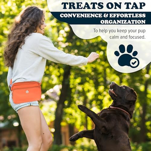 Puppington 3-in-1 Crossbody Bag & Dog Treat Pouch for Pet Training - Matching Poop Bags & Built-in Poop Bag Dispenser - Zippered Pockets - Dog Walking Bag for Office to Off-Leash (Poppy Orange)