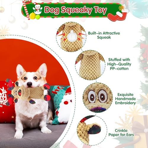 Christmas Dog Toys, Plush Squeaky Dog Toy with Crinkle Paper, Cute Christmas Puppy Toys with Cotton, Durable Interactive Dog Chew Toys for Puppy Small Medium Large Breed