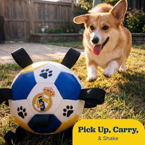 Interactive Dog Soccer Ball for Dogs, 6” with Straps & Grab Tabs, Floats on Water, Fetch & Training Toy for Small/Medium Dogs, Herding Breeds, Waterproof Non-Toxic – ProBall Pets – Real Madrid