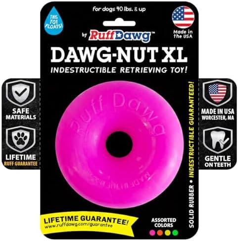 Ruff Dawg Dawg-Nut XL 4.5” Pink – Heavy-Duty Solid Rubber Donut Dog Chew Toy for Dogs 40 lbs & Up – Floats & Bounces – Made in USA