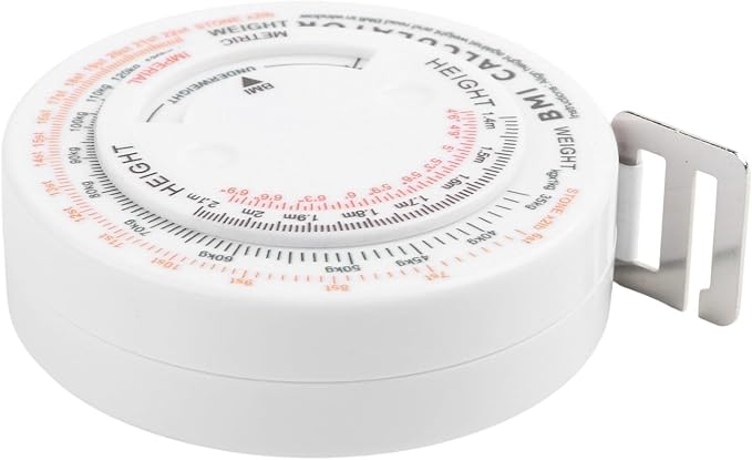 150cm Retractable BMI Tape Measure Body Mass Index Calculator for Diet Fitness Tracking White Plastic Ruler with Push-Button Lock for Waist Hip Chest Thigh Calf Measurement Easy Self-Use Tool
