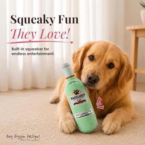 Dog Diggin Designs Barkardi Rum Plush Dog Toy | Luxury-Inspired Parody Rum Bottle Dog Toy with Squeaker, Soft Plush Novelty Dog Toy – Shaken, Not Stirred!