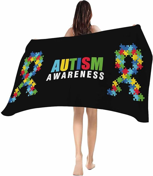 YOUNGKIDS Abstract Retro Large Beach Towels - 30x60in Microfiber Beach Towels Autism Awareness Jigsaw Blocks Pieces Black Quick Dry Lightweight Beach Pool Towel for Travel Camping Yoga