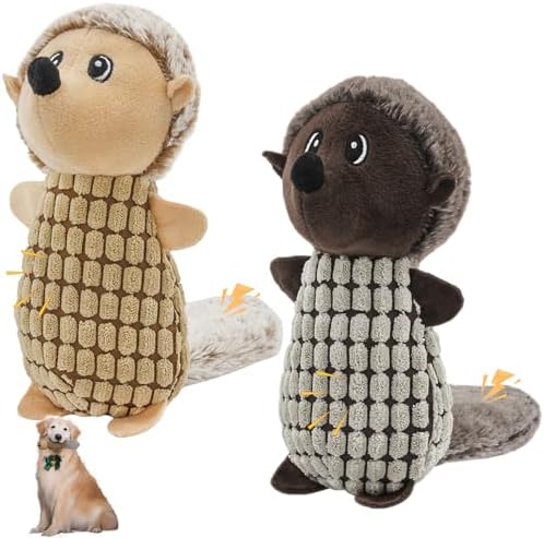 Crinkle Dog Toys Squeaky Plush No Stuffing Cute Puppy Stuffless Tough Rop Pull Toy, Fun Dog Stuffed Animals Durable Chew Set for Small Medium Large Pup (Large, Dark Brown+Brown Squirrel)