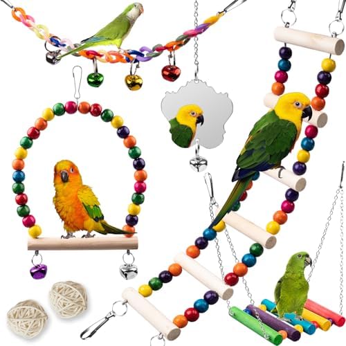 Bird Toys for Parakeets 7Pcs, Wood Parrots Budgie Cage Accessories