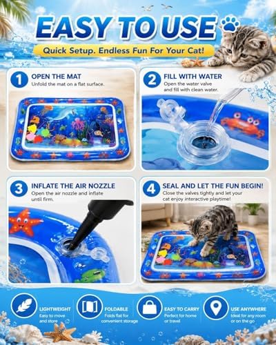 2026 Upgraded Thickened Cat Water Sensory Mat Interactive Toy Cooling Pad Indoor Exercise Hunting Anti-Scratch Leak Proof Foldable Portable Summer Floating Fish Pet Ball Play(1PCB)