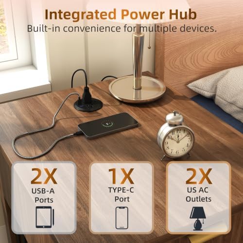 Dog Crate End Table with Charging Station, Wooden Dog Kennel Furniture with Hideaway Tempered Glass Door, Multi-Functional Pet Station Side Table with Storage Drawer (Antique Brown)